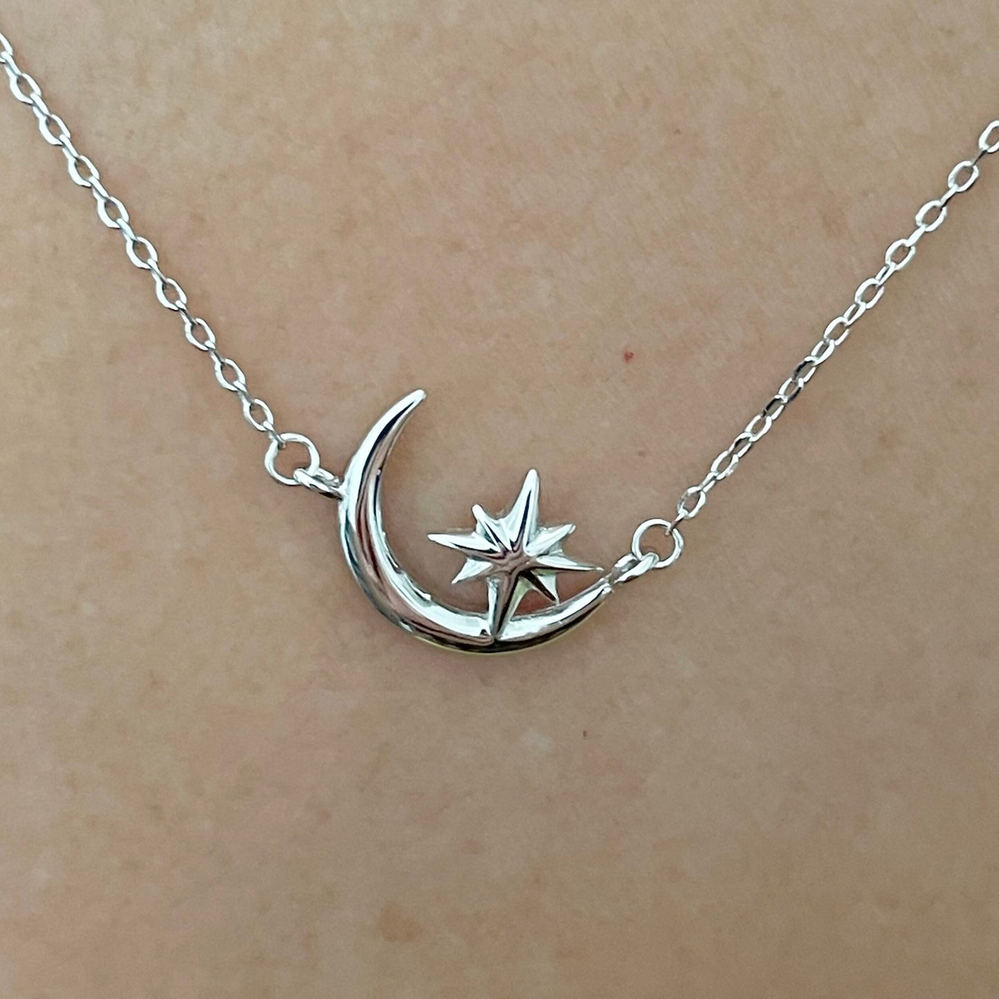 Crescent Moon and Star Sterling Silver Pendant and Necklace, Star Pendant, Celestial Necklace, Moon Pendant, Silver Necklace.