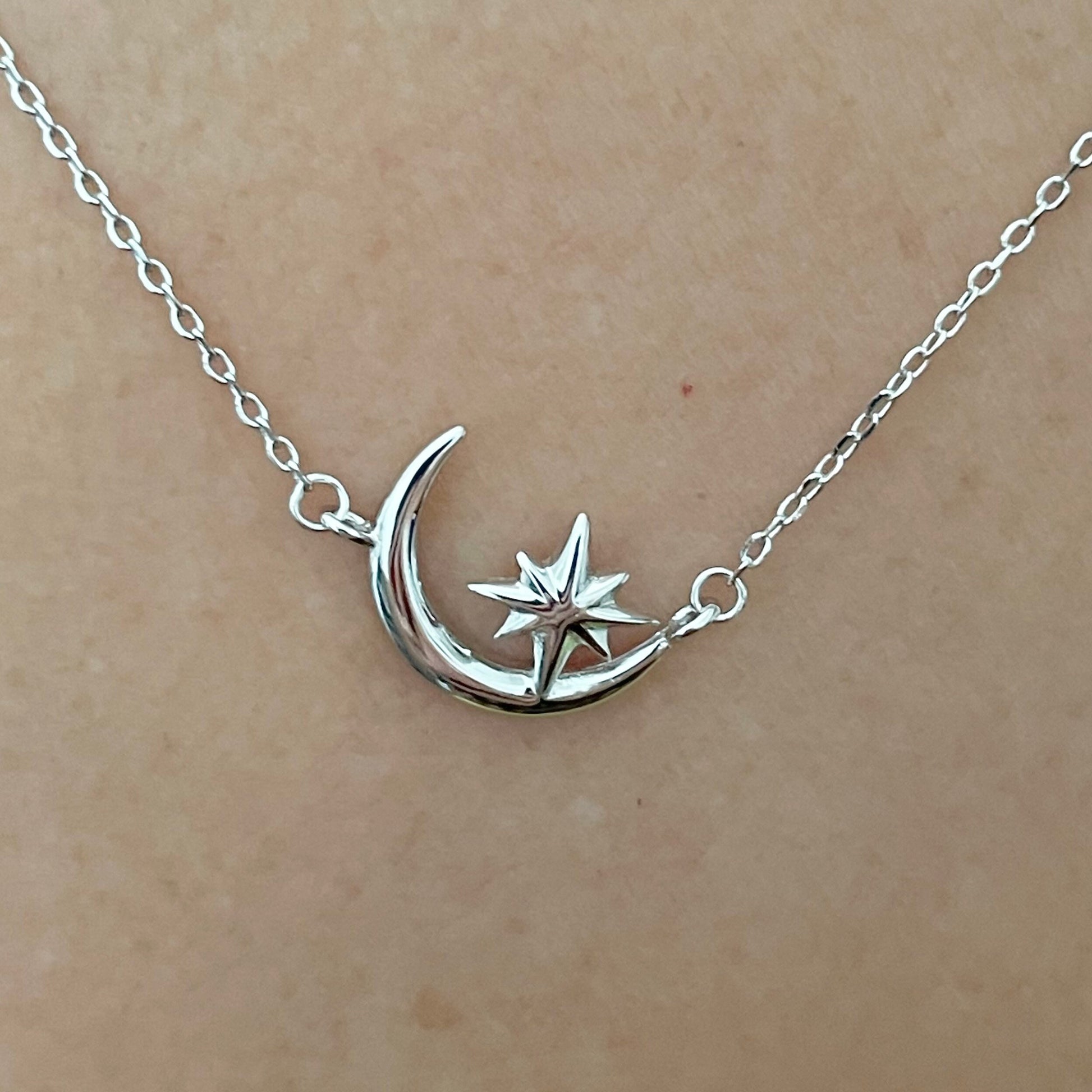 Crescent Moon and Star Sterling Silver Pendant and Necklace, Star Pendant, Celestial Necklace, Moon Pendant, Silver Necklace.