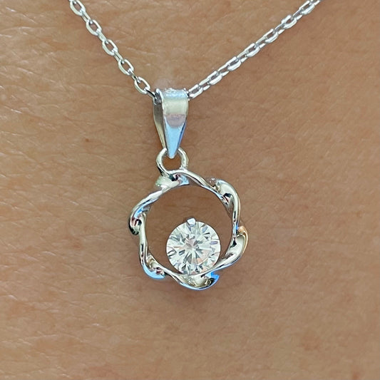 Sterling silver CZ necklace, silver swirly round pendant, promise CZ silver pendant, Cubic Zirconia pendant, CZ around silver necklace,