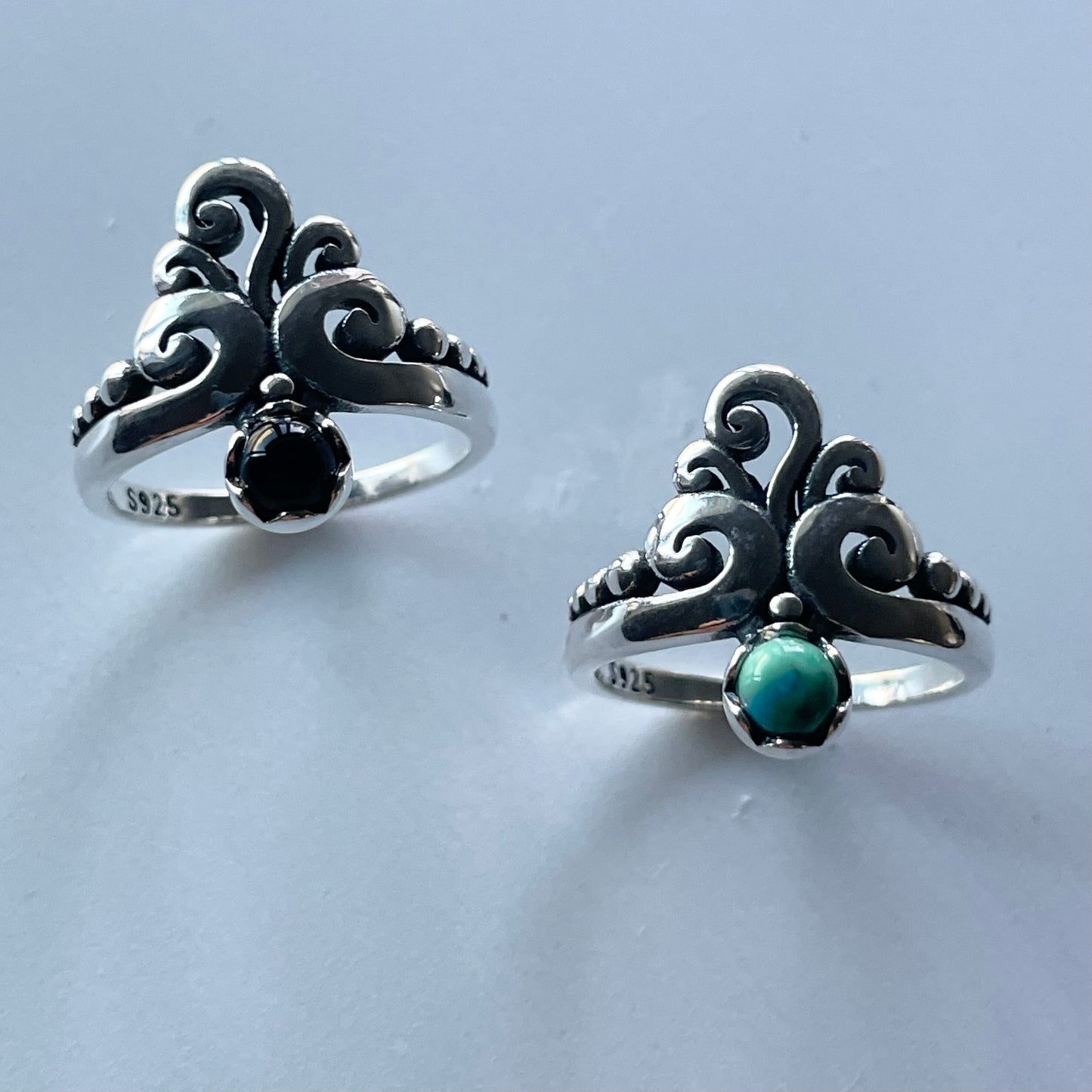 Swirl Sterling Silver Ring: Turquoise or Black Agate Crown Ring