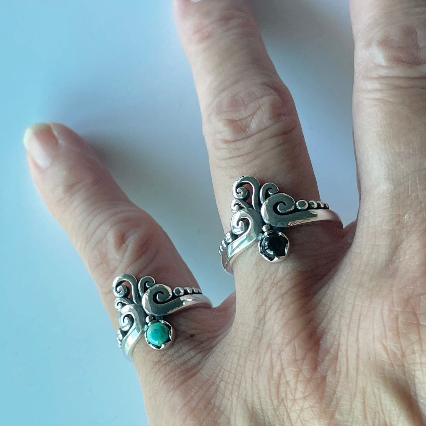 Swirl Sterling Silver Ring: Turquoise or Black Agate Crown Ring