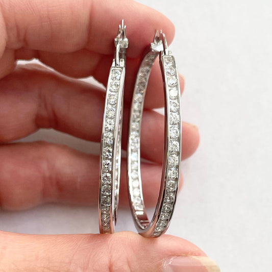 Sterling Silver CZ Hoop Earrings: Inside Outside Design