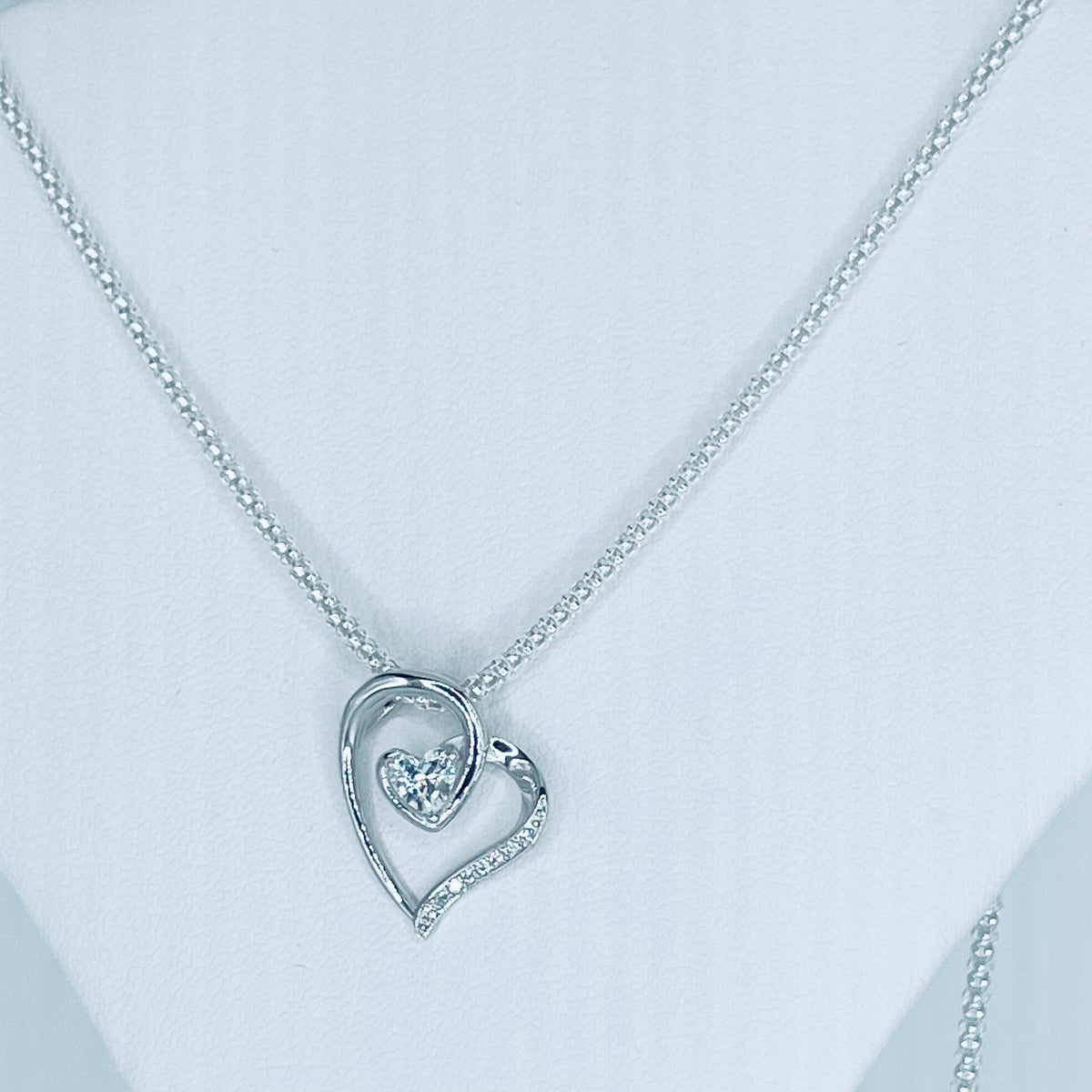 Sterling Silver CZ Heart Pendant Necklace - Italian Box Chain