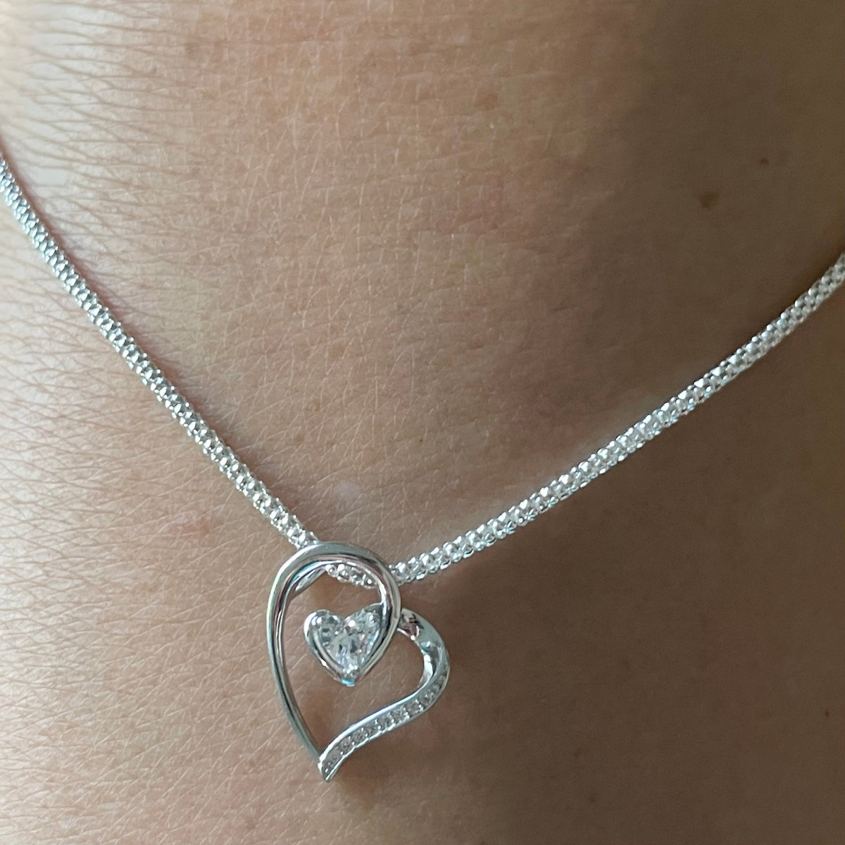 Sterling Silver CZ Heart Pendant Necklace - Italian Box Chain