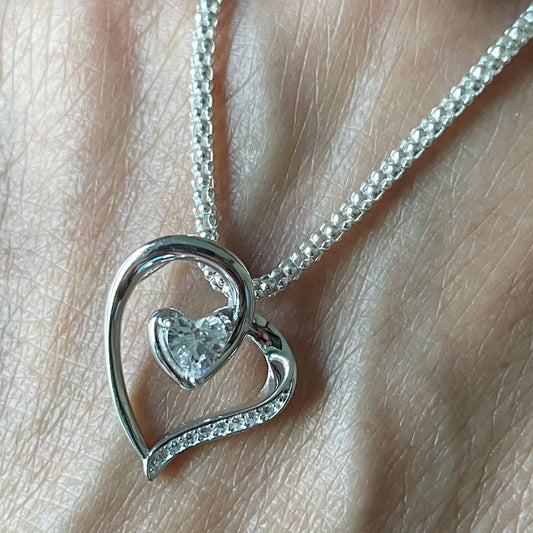 Sterling Silver CZ Heart Pendant Necklace - Italian Box Chain