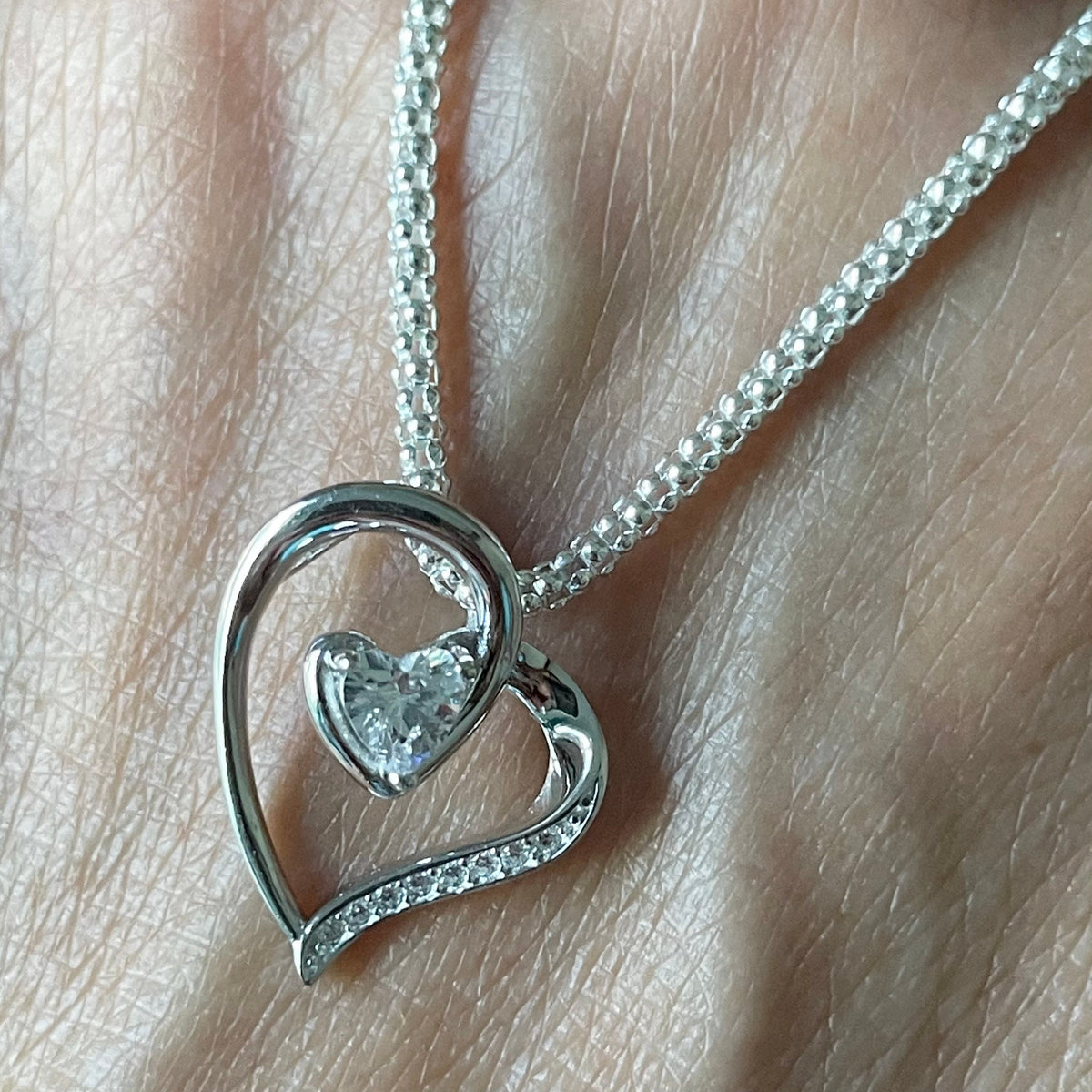 Sterling Silver CZ Heart Pendant Necklace - Italian Box Chain