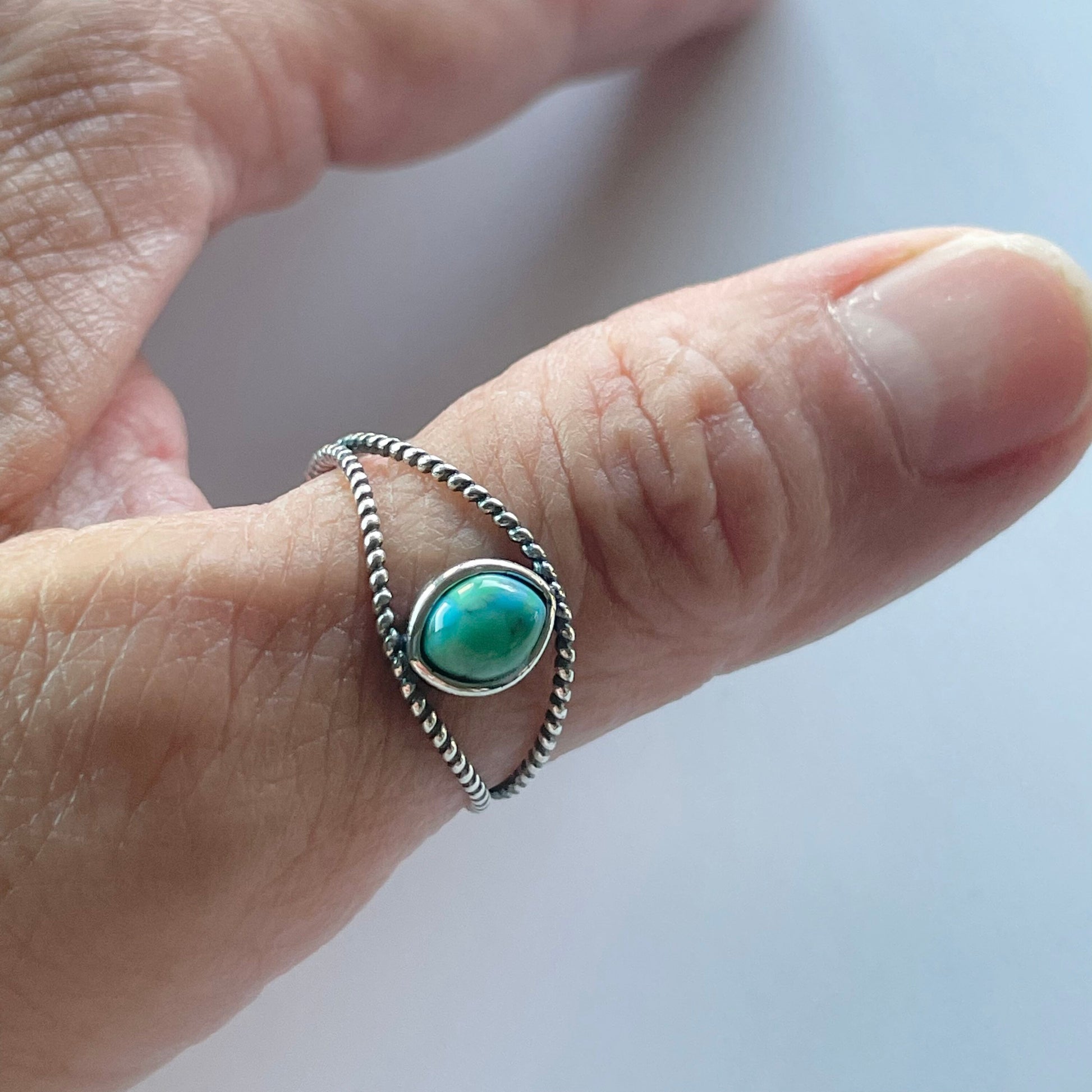 Big Green Genuine Turquoise Eye Sterling Silver Rope Ring, Silver Ring, Stone Ring, Boho Ring, Rope Ring, Turquoise Ring, Love Ring