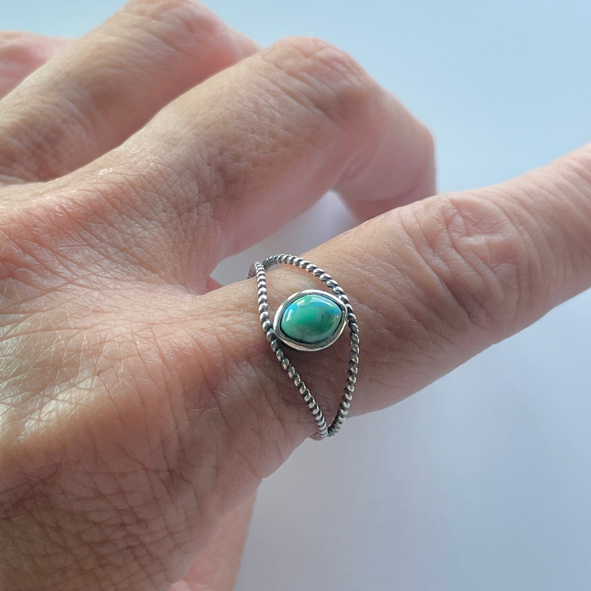 Big Green Genuine Turquoise Eye Sterling Silver Rope Ring, Silver Ring, Stone Ring, Boho Ring, Rope Ring, Turquoise Ring, Love Ring