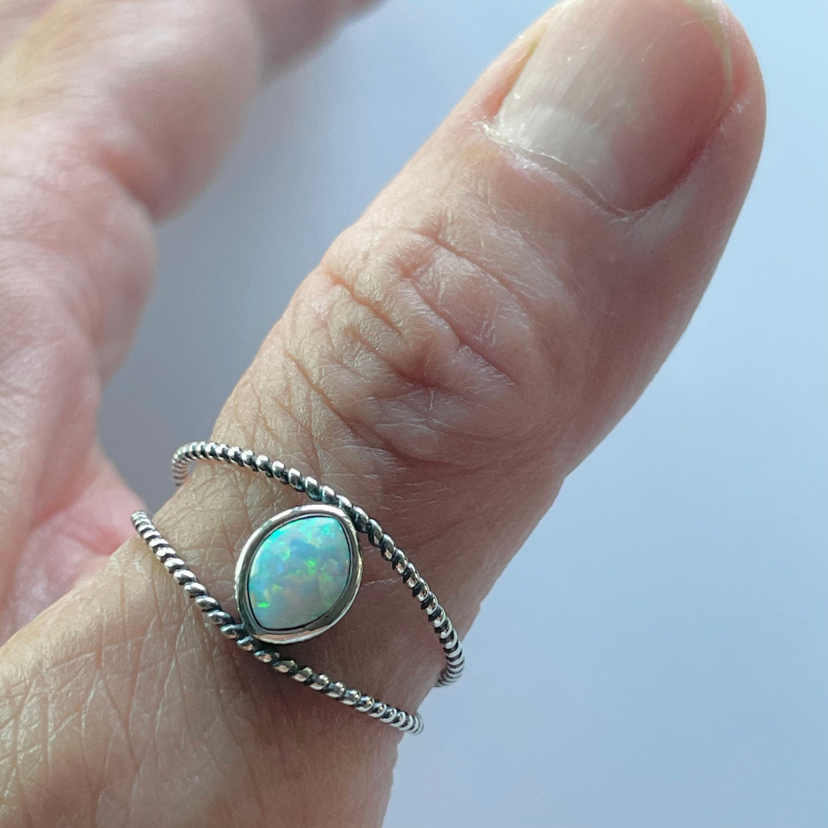 Sterling Silver Rope Ring: White Lab Opal Eye Boho Ring