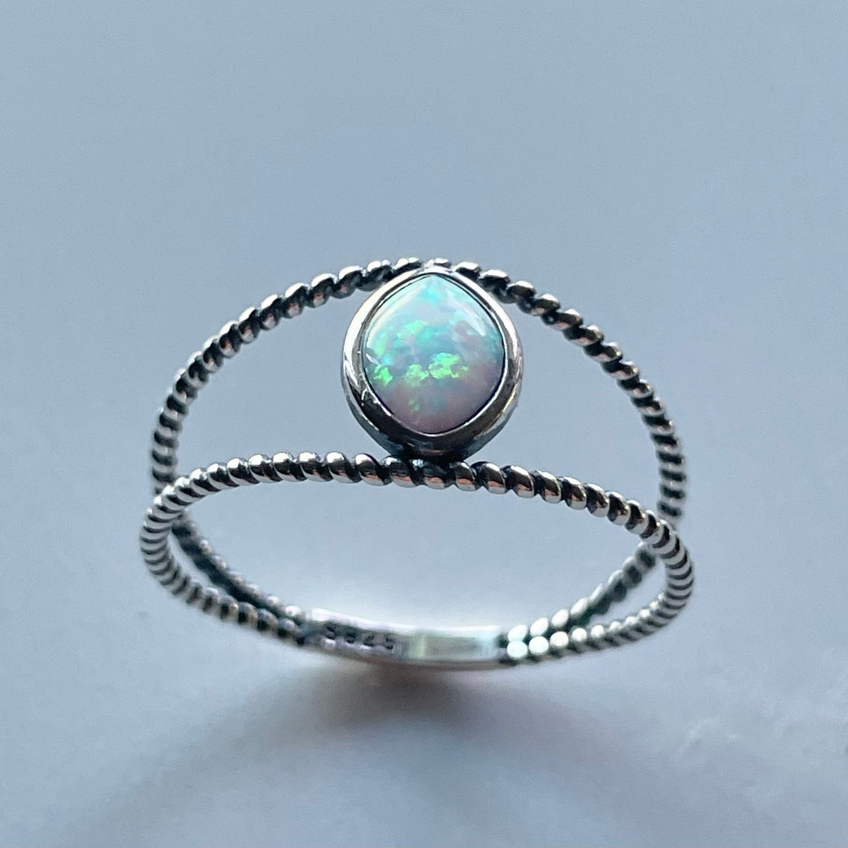 Sterling Silver Rope Ring: White Lab Opal Eye Boho Ring