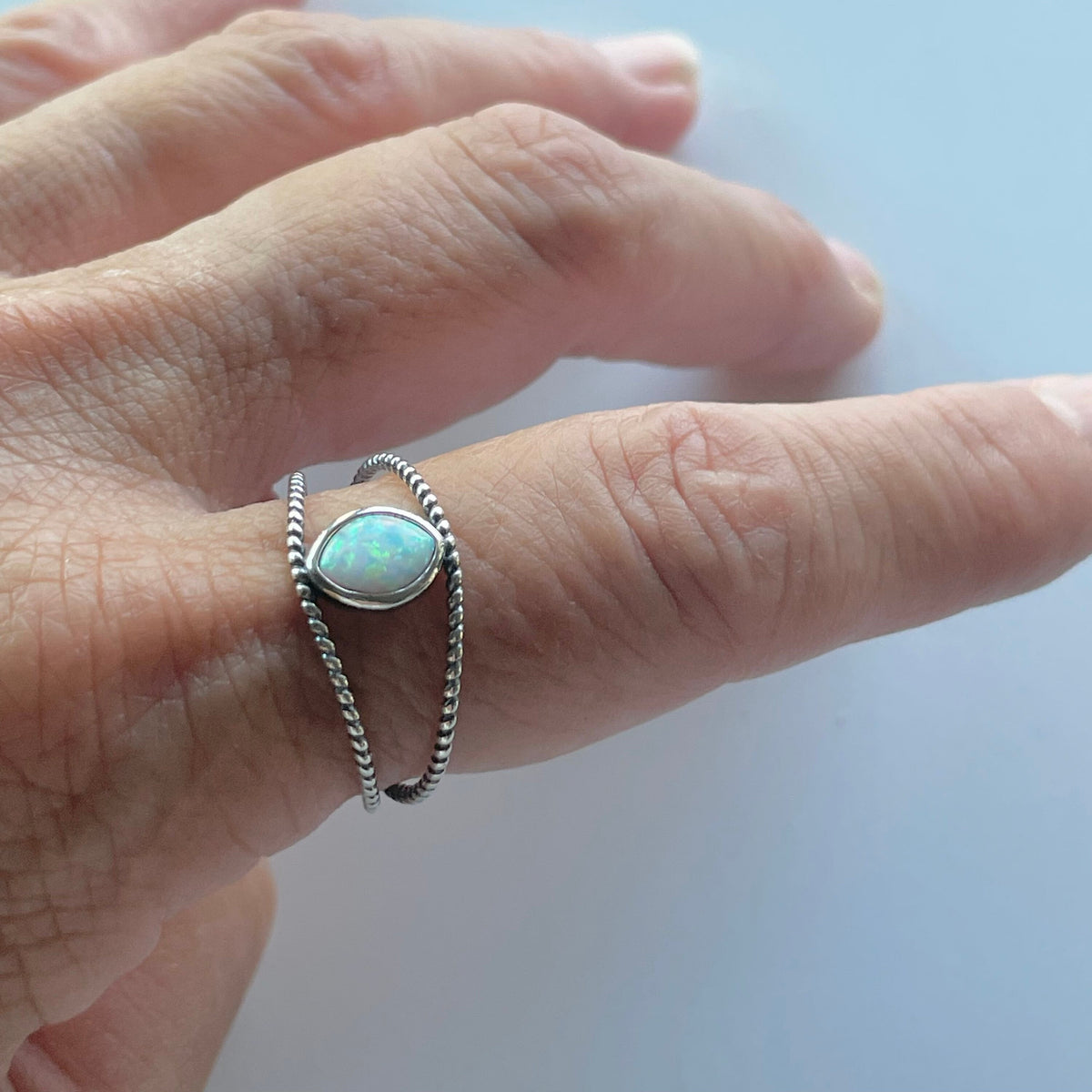 Sterling Silver Rope Ring: White Lab Opal Eye Boho Ring