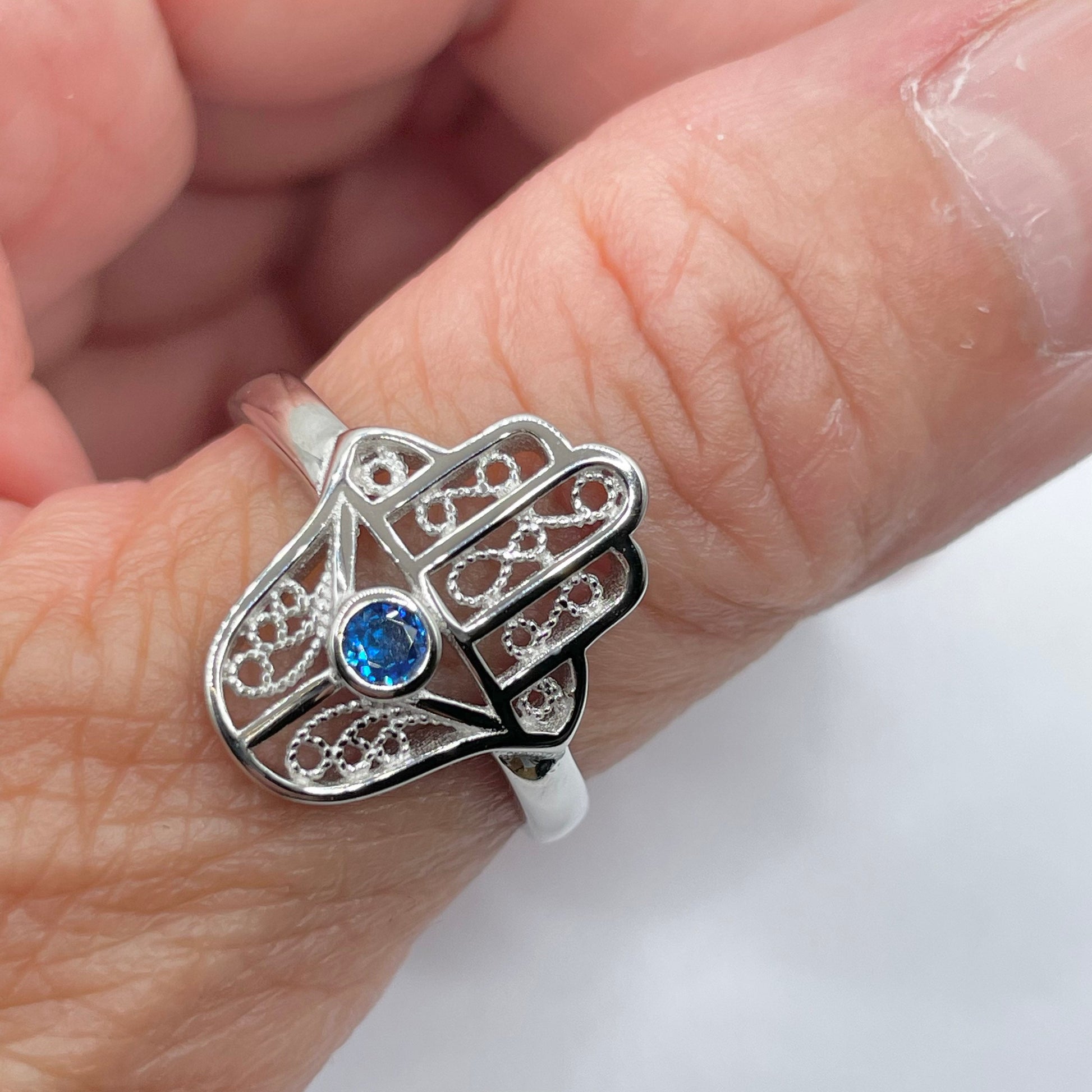Sterling Silver Hamsa Ring: Blue Sapphire CZ, Hand of God