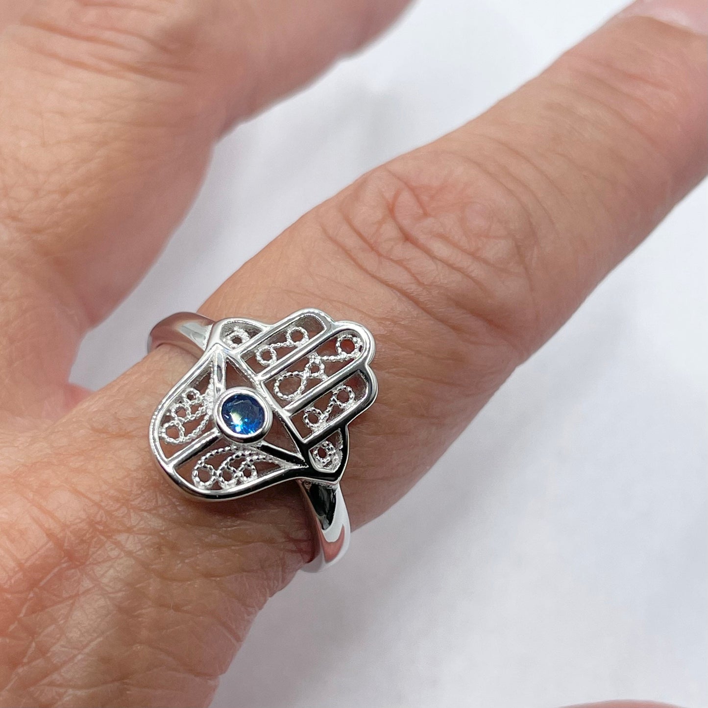 Sterling Silver Hamsa Ring: Blue Sapphire CZ, Hand of God