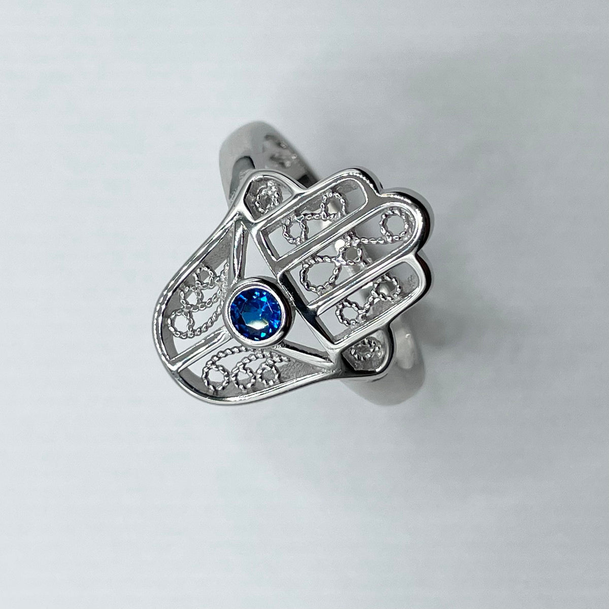 Sterling Silver Hamsa Ring: Blue Sapphire CZ, Hand of God