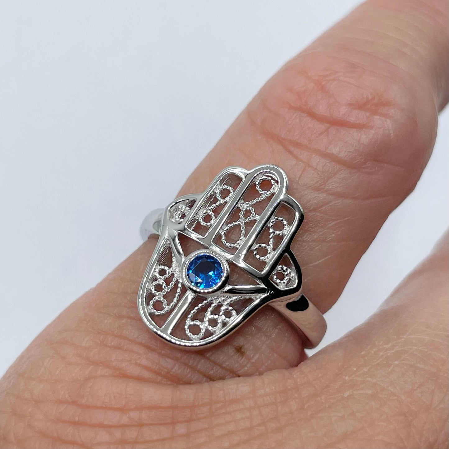 Sterling Silver Hamsa Ring: Blue Sapphire CZ, Hand of God