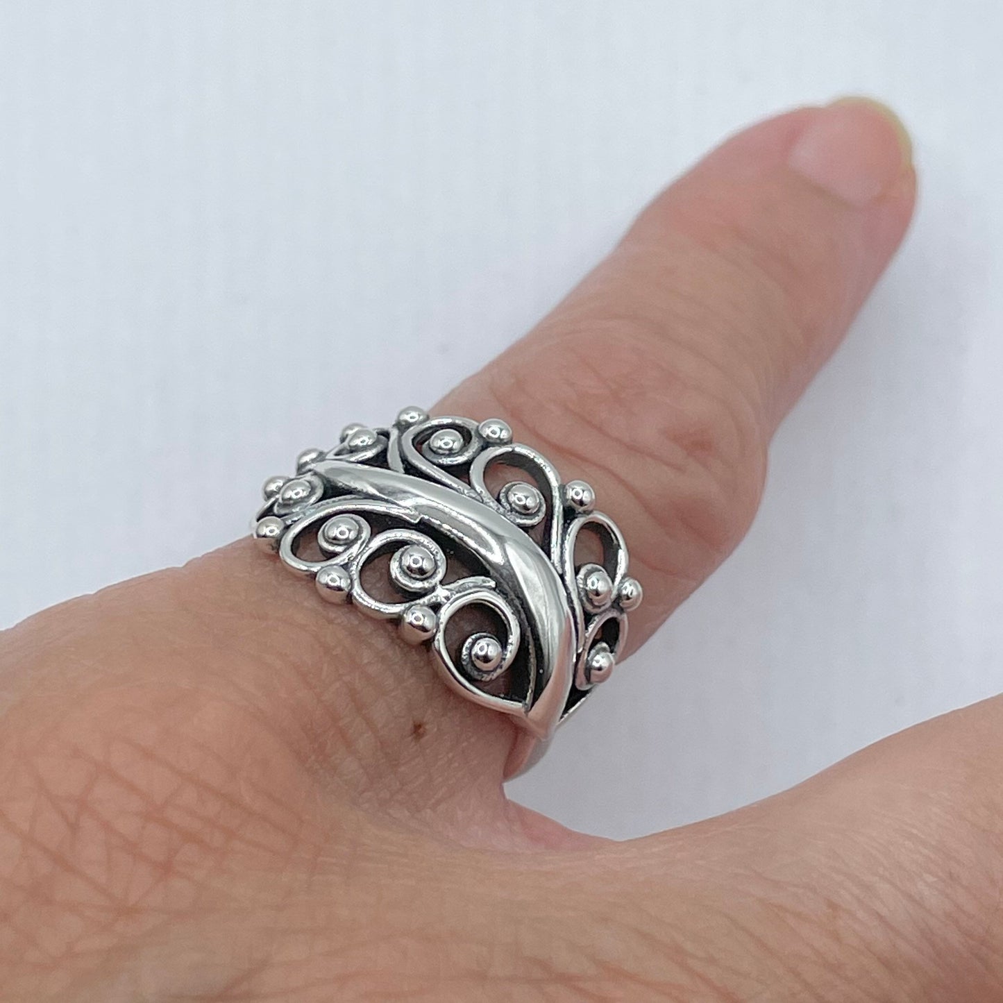 Large Swirl Leaf Sterling Silver Ring, Leaf Ring, Swirl Ring, Large Silver Ring, Silver Beads Ring, Silver Ring, Statement Ring, Boho Ring