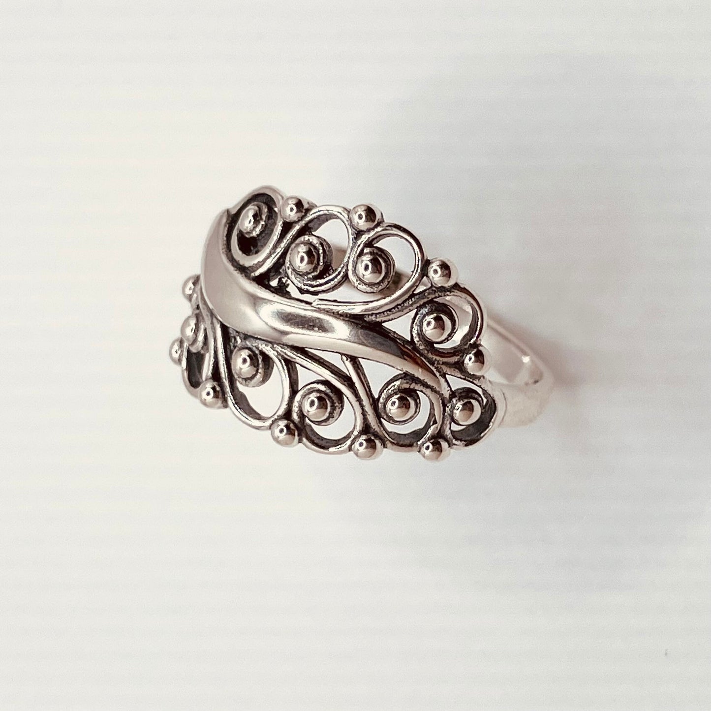 Large Swirl Leaf Sterling Silver Ring, Leaf Ring, Swirl Ring, Large Silver Ring, Silver Beads Ring, Silver Ring, Statement Ring, Boho Ring