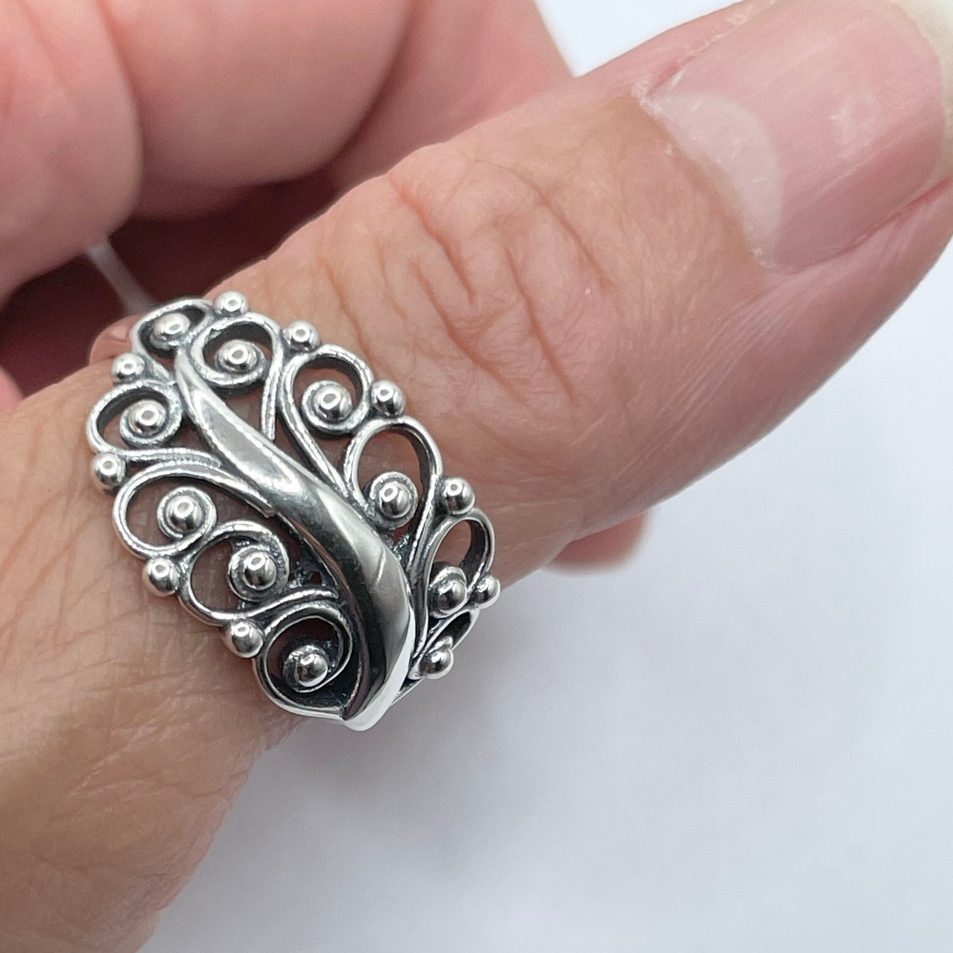 Large Swirl Leaf Sterling Silver Ring, Leaf Ring, Swirl Ring, Large Silver Ring, Silver Beads Ring, Silver Ring, Statement Ring, Boho Ring