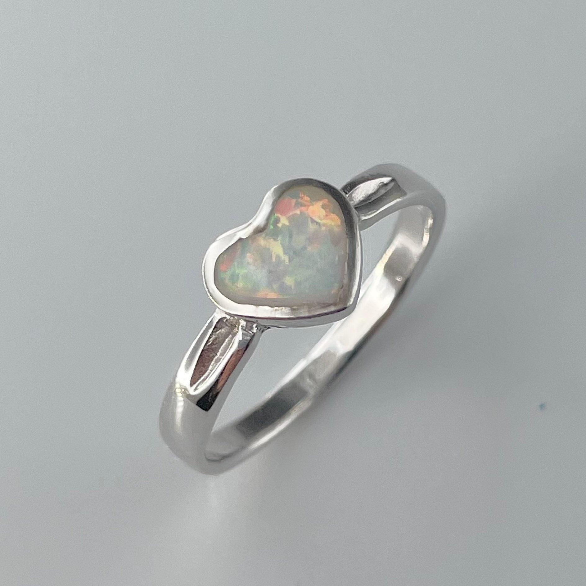 Sterling Silver White Opal Heart Ring: Promise Love Ring