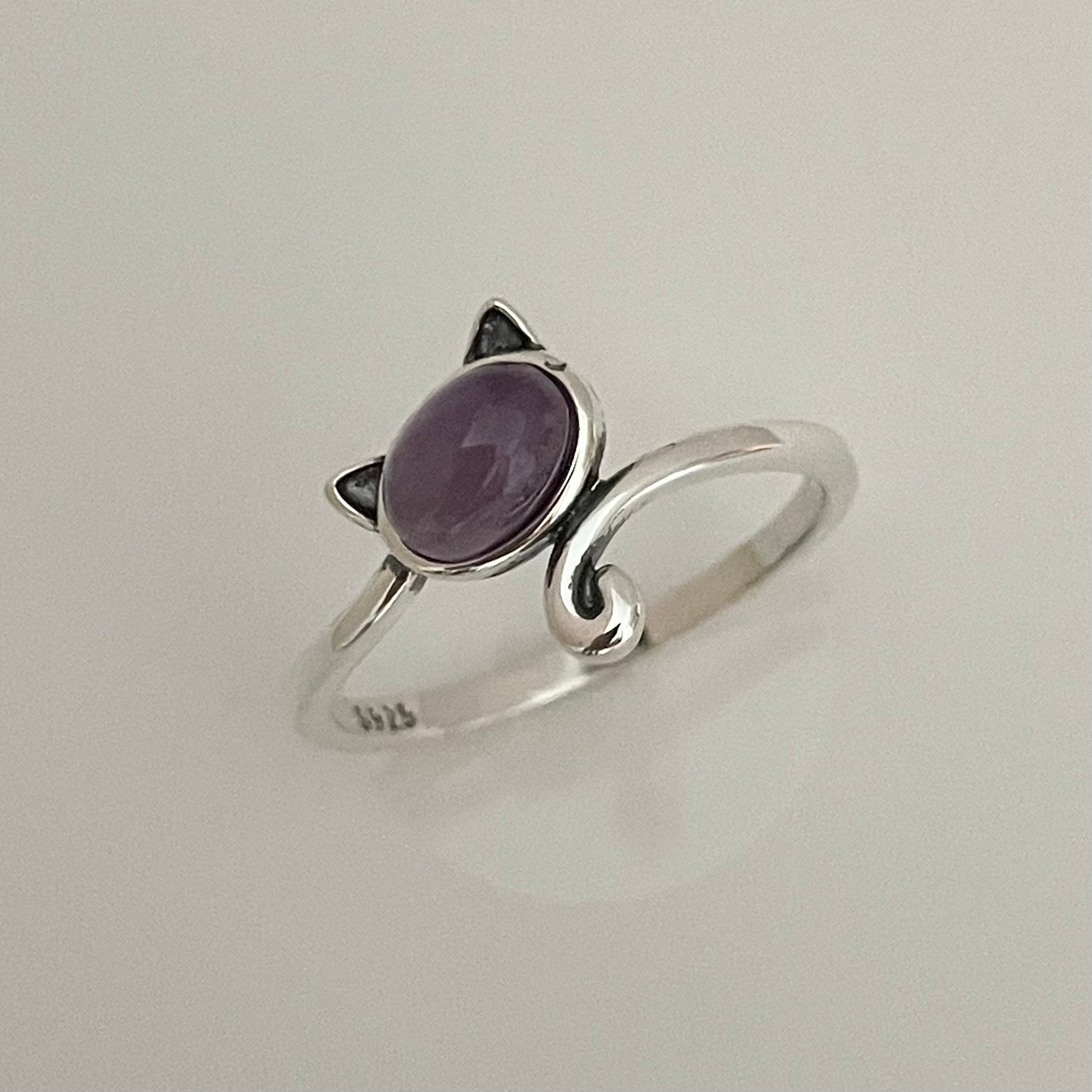 Amethyst Cat Sterling Silver Ring with Long Tail, animal ring, cat ring, tail ring, cat ring, amethyst ring, girl ring, stetement ring