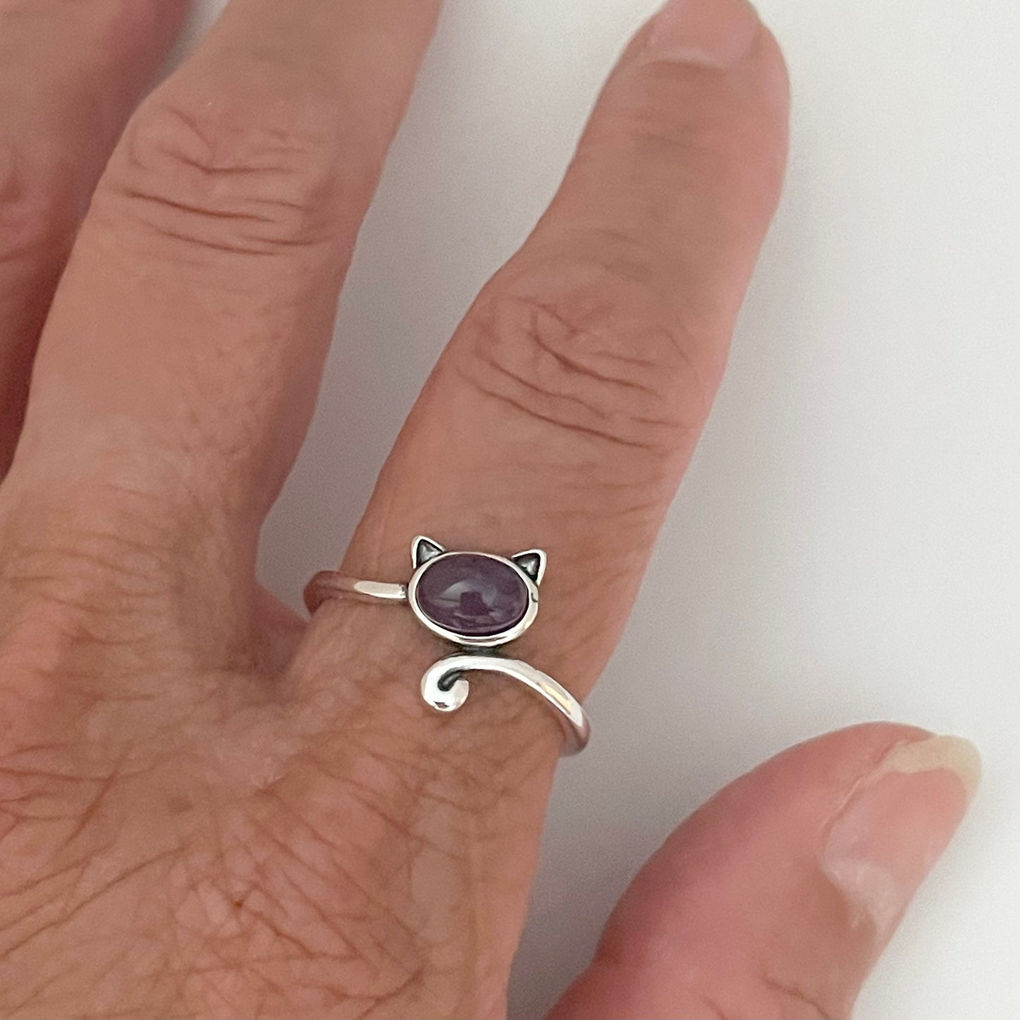 Amethyst Cat Sterling Silver Ring with Long Tail, animal ring, cat ring, tail ring, cat ring, amethyst ring, girl ring, stetement ring