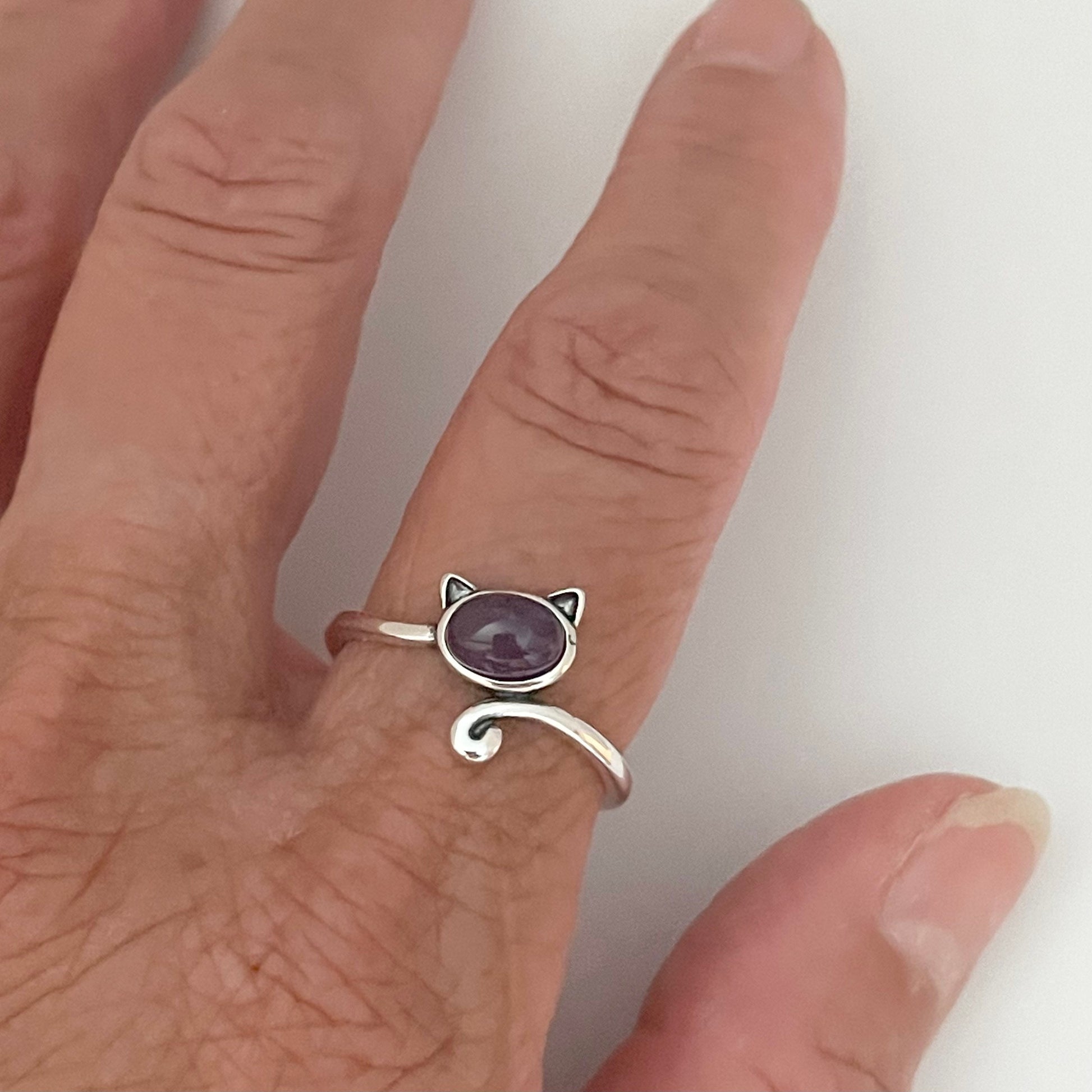 Amethyst Cat Sterling Silver Ring with Long Tail, animal ring, cat ring, tail ring, cat ring, amethyst ring, girl ring, stetement ring