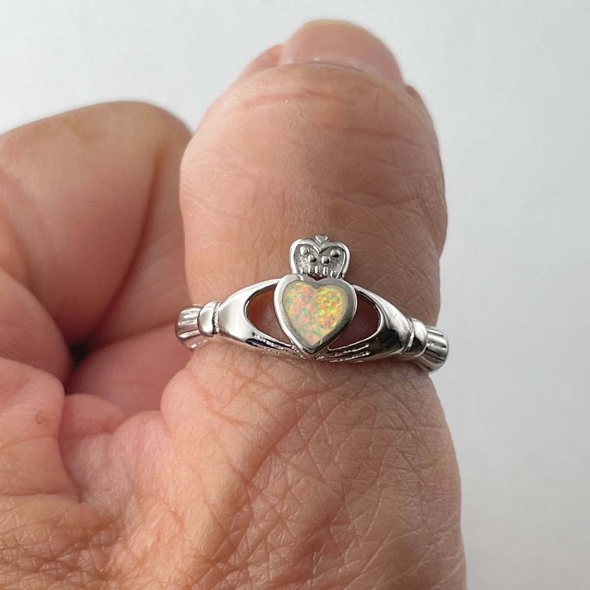 Sterling Silver Claddagh Ring: Lab Opal Heart, Irish Promise Ring