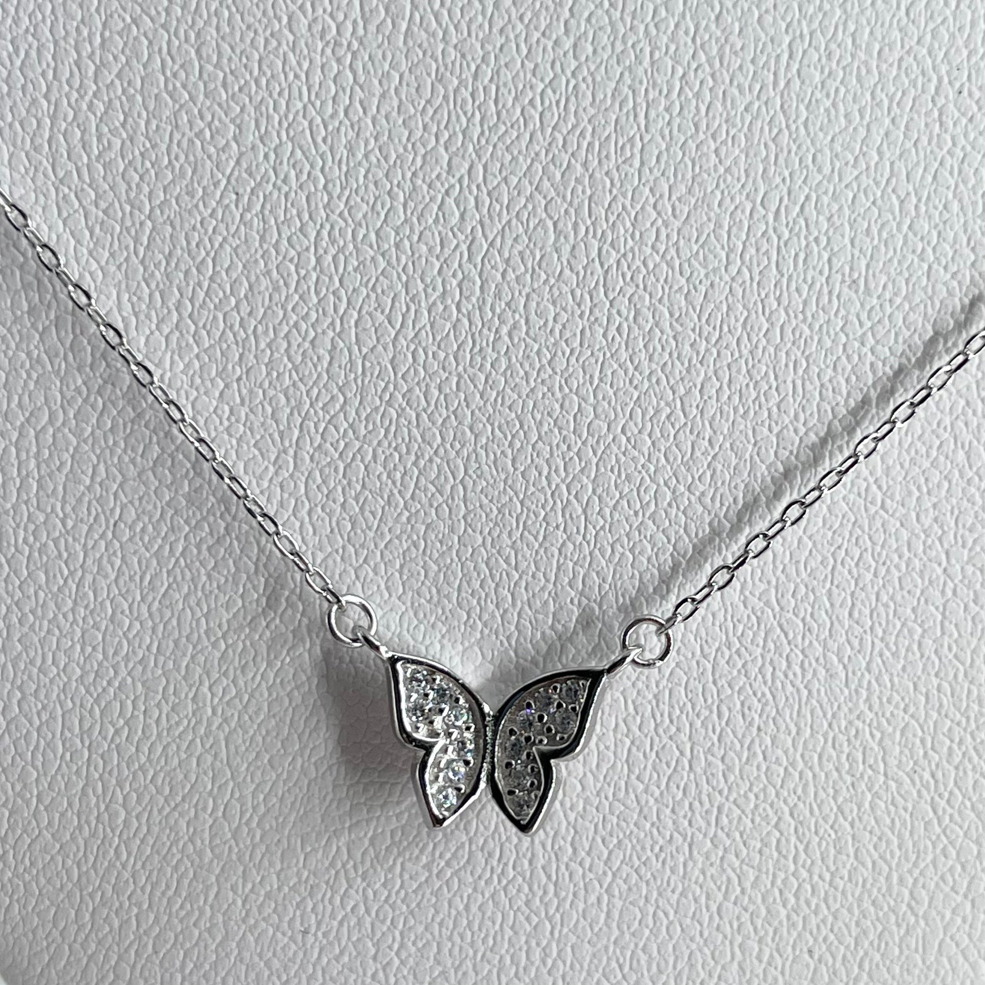Sterling Silver Butterfly Necklace: CZ Accent, Oxidized Finish