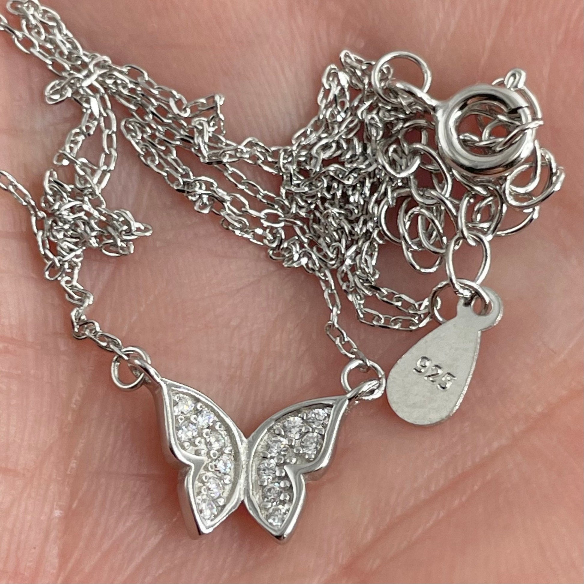 Sterling Silver Butterfly Necklace: CZ Accent, Oxidized Finish