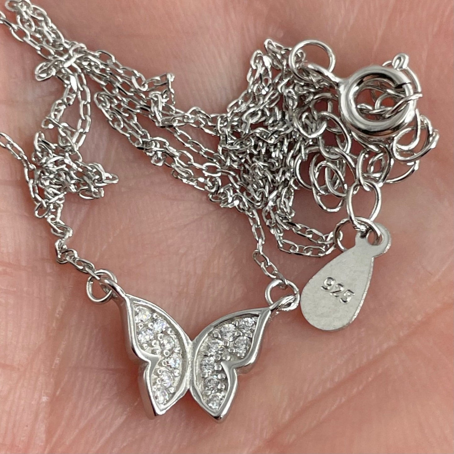 Sterling Silver Butterfly Necklace: CZ Accent, Oxidized Finish