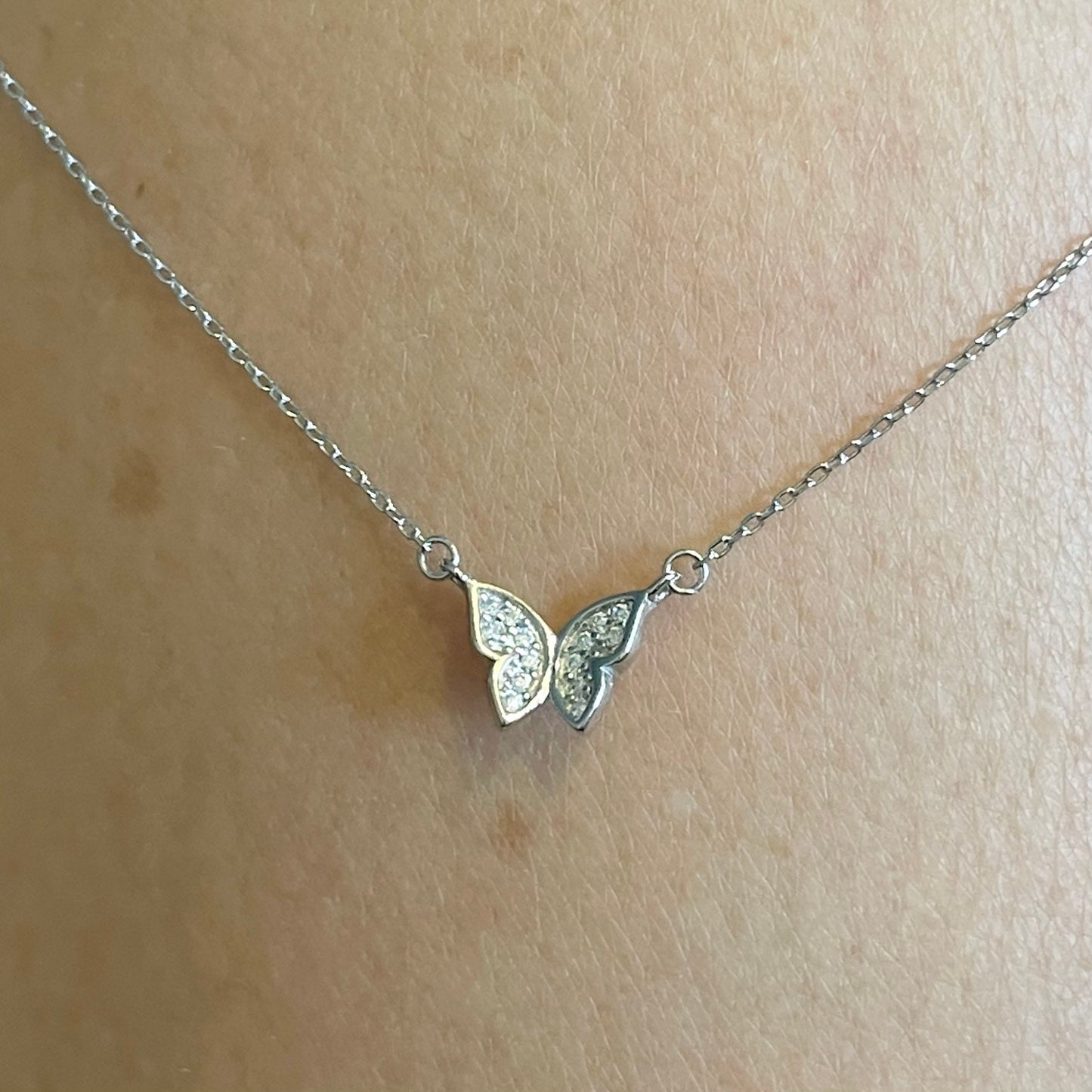 Sterling Silver Butterfly Necklace: CZ Accent, Oxidized Finish