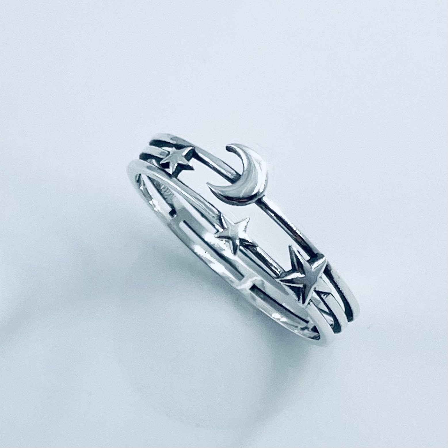 Sterling Silver Moon and Star Ring: Celestial Boho Jewelry