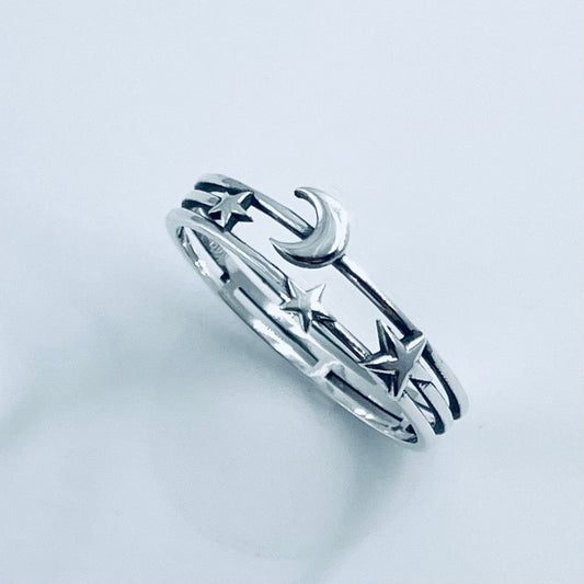 Sterling Silver Moon and Star Ring: Celestial Boho Jewelry