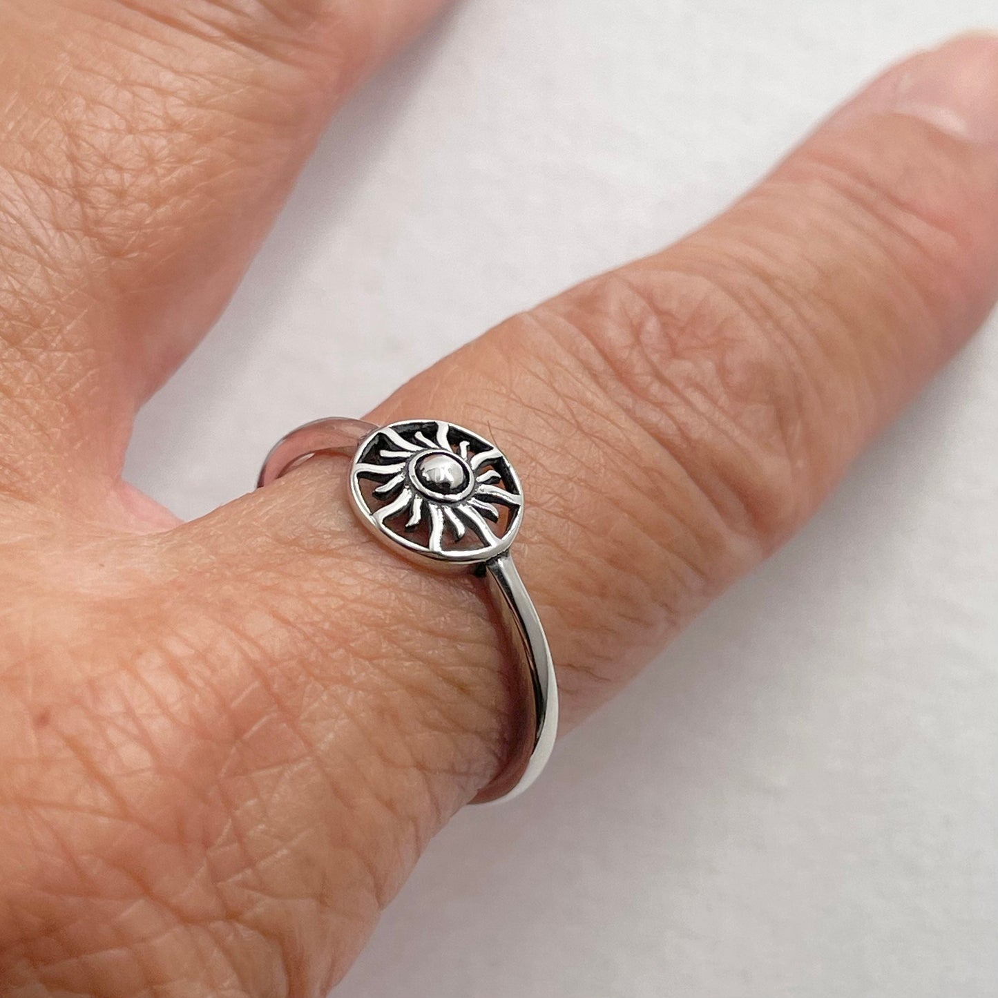 Oxidized Sterling Silver Sun Face Ring: Delicate Celestial Jewelry