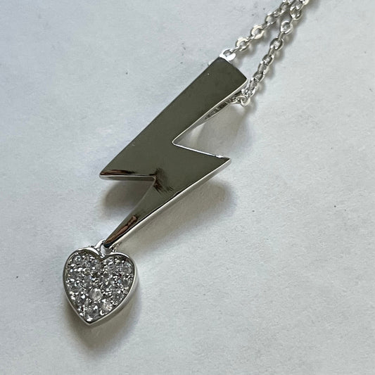 Silver Lightning CZ Heart Sterling Silver Necklace, Cubic Zirconia Heart Pendant, Lightning Necklace, Silver Chain, Promise Flash Necklace