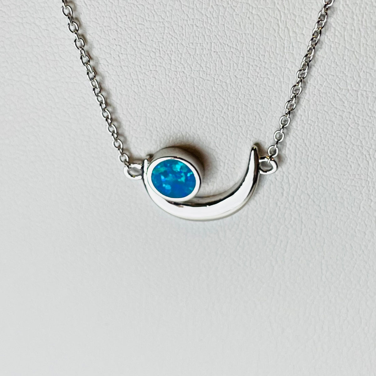 Sterling Silver Crescent Moon Necklace: Lab Opal Celestial Pendant
