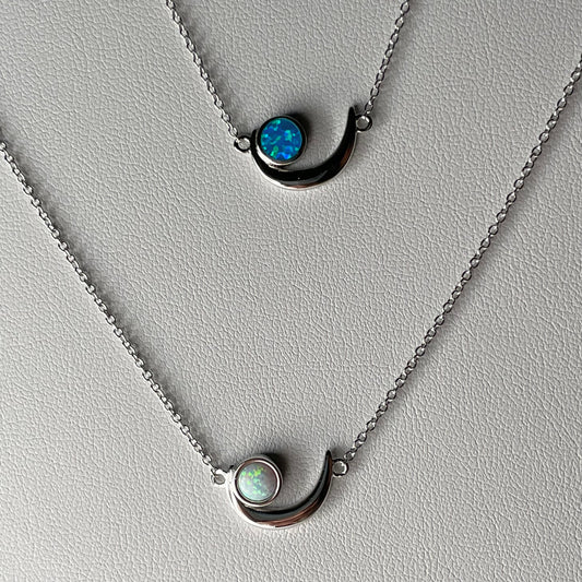Sterling Silver Cresent Moon with Lab Fire Opal or Lab Blue Opal Sun Pendant and Necklace, Moon Necklace, Opal Pendant, Silver Necklace.