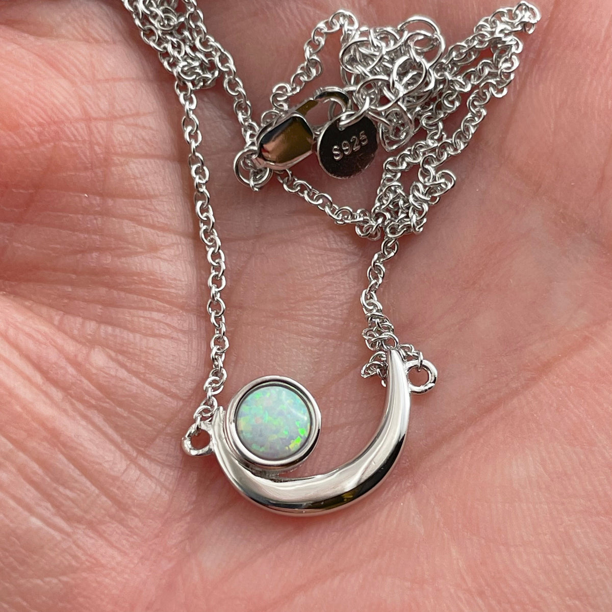 Sterling Silver Crescent Moon Necklace: Lab Opal Celestial Pendant