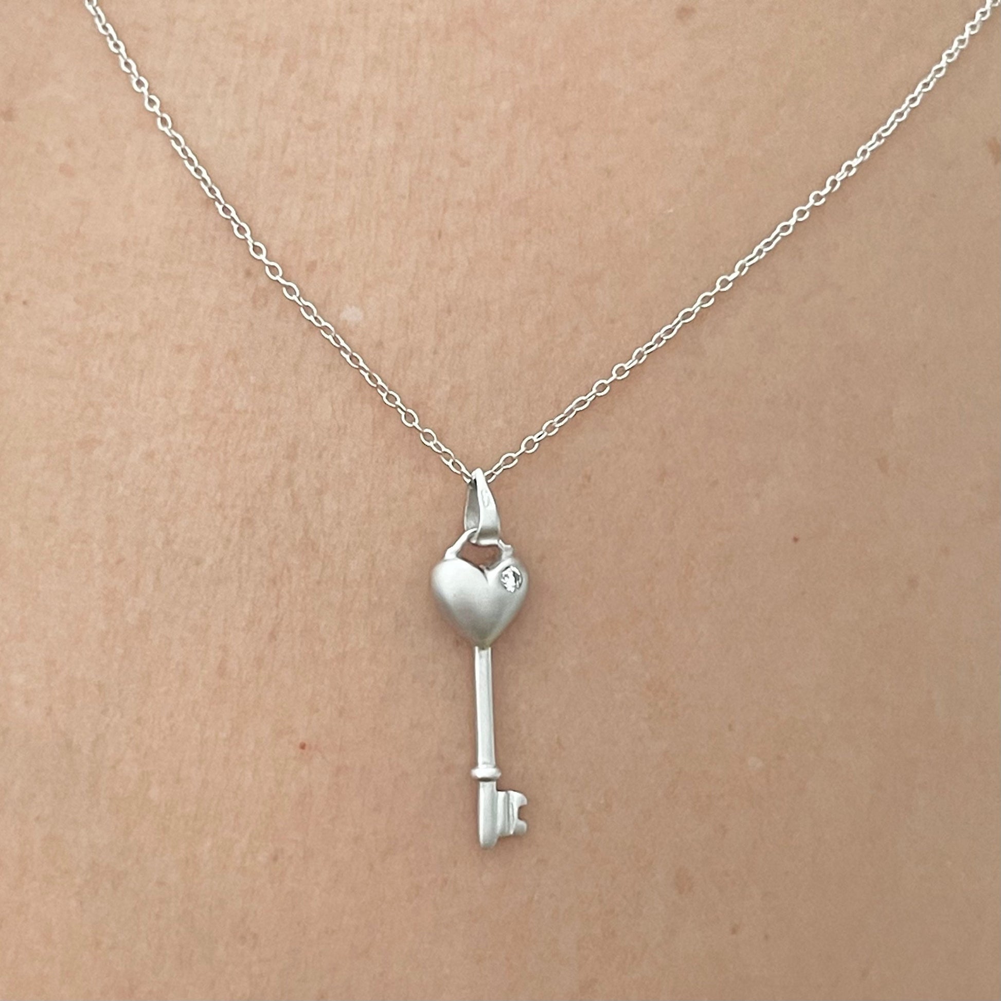 Sterling Silver CZ Heart Key Pendant and Necklace, Silver Love Necklace, Heart Necklace, Key Pendant, Key to my Heart Ring, Silver Necklace.