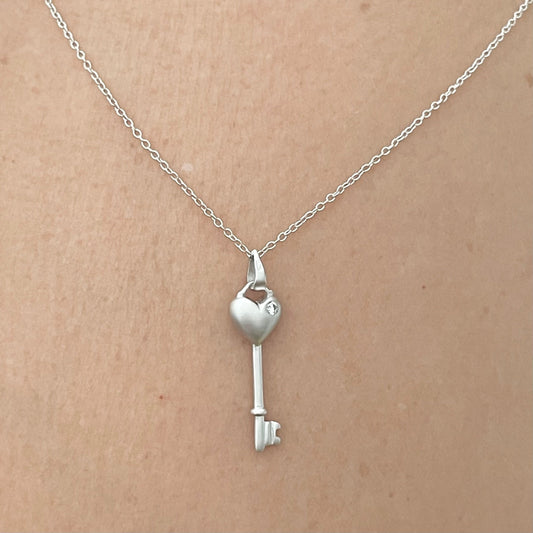 Sterling Silver CZ Heart Key Pendant and Necklace, Silver Love Necklace, Heart Necklace, Key Pendant, Key to my Heart Ring, Silver Necklace.