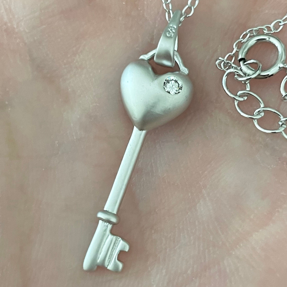 Sterling Silver CZ Heart Key Pendant Necklace: Love Token