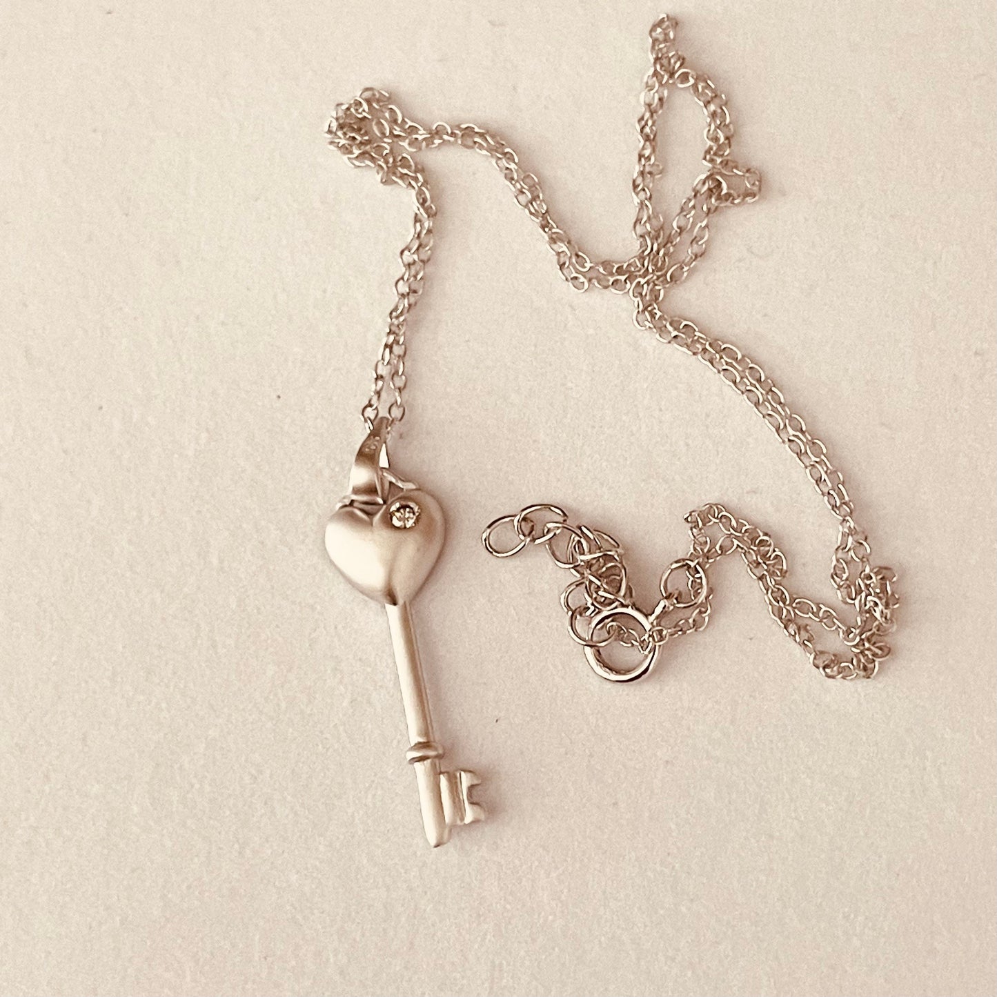 Sterling Silver CZ Heart Key Pendant and Necklace, Silver Love Necklace, Heart Necklace, Key Pendant, Key to my Heart Ring, Silver Necklace.