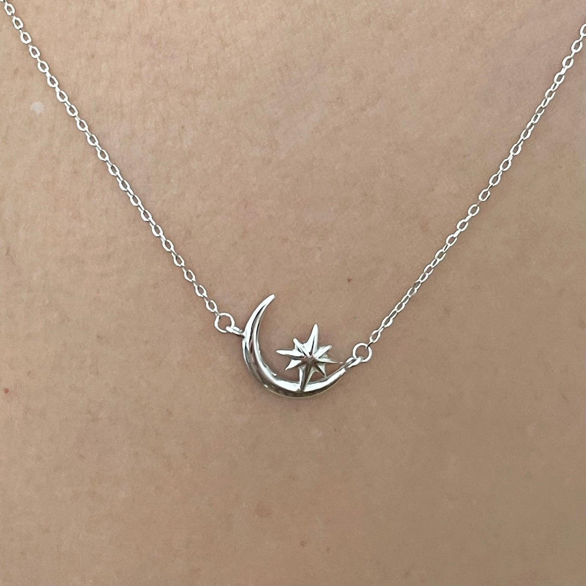 Sterling Silver Crescent Moon and Star Necklace: Celestial Pendant
