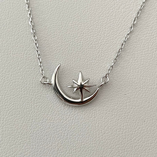Sterling Silver Crescent Moon and Star Necklace: Celestial Pendant