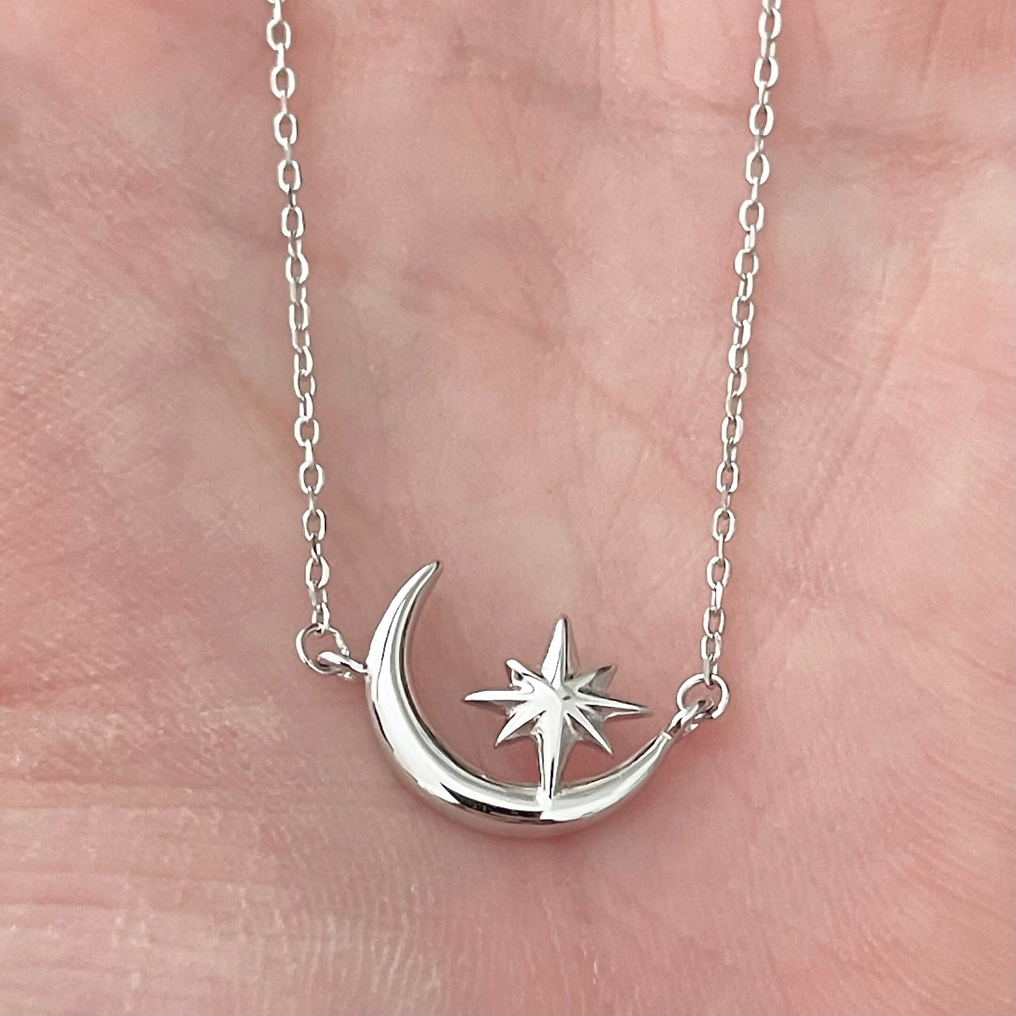 Crescent Moon and Star Sterling Silver Pendant and Necklace, Star Pendant, Celestial Necklace, Moon Pendant, Silver Necklace.