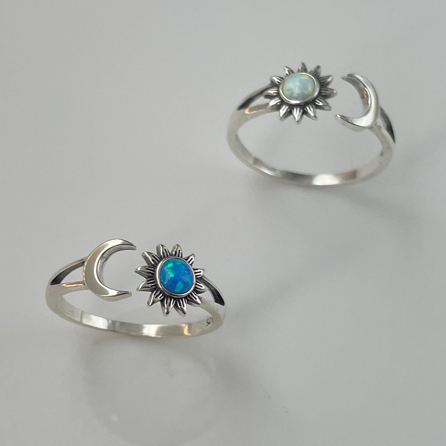 Sun and Moon White or Blue Opal Sterling Silver Ring, Opal Ring, Sun Ring, Moon Silver Ring, Celestial Ring, Sunflower Silver Ring, Sky Ring