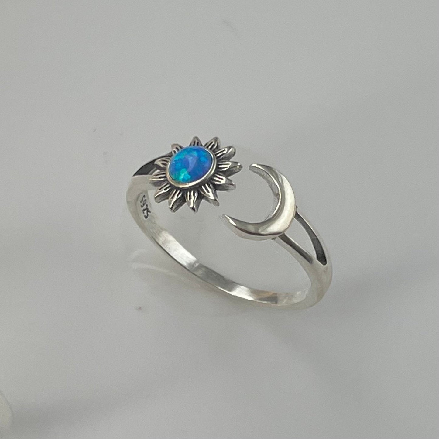 Sun and Moon White or Blue Opal Sterling Silver Ring, Opal Ring, Sun Ring, Moon Silver Ring, Celestial Ring, Sunflower Silver Ring, Sky Ring