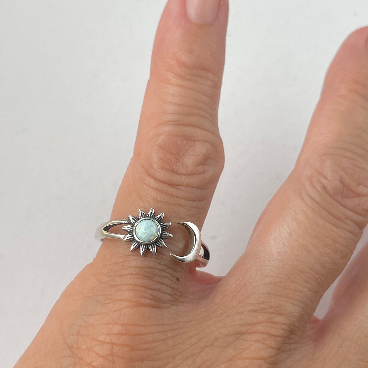 Sun and Moon White or Blue Opal Sterling Silver Ring, Opal Ring, Sun Ring, Moon Silver Ring, Celestial Ring, Sunflower Silver Ring, Sky Ring