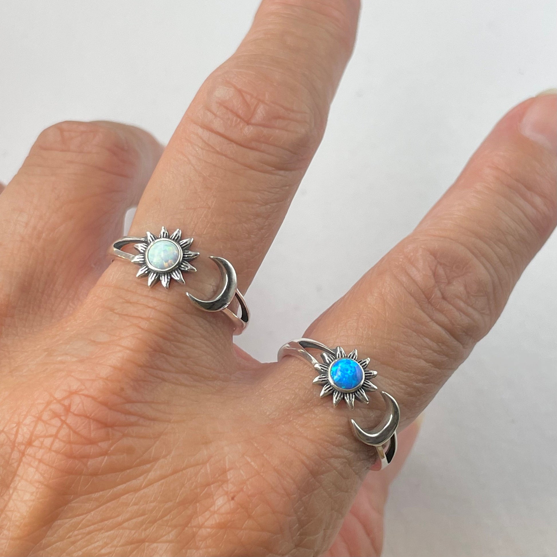 Sun and Moon White or Blue Opal Sterling Silver Ring, Opal Ring, Sun Ring, Moon Silver Ring, Celestial Ring, Sunflower Silver Ring, Sky Ring