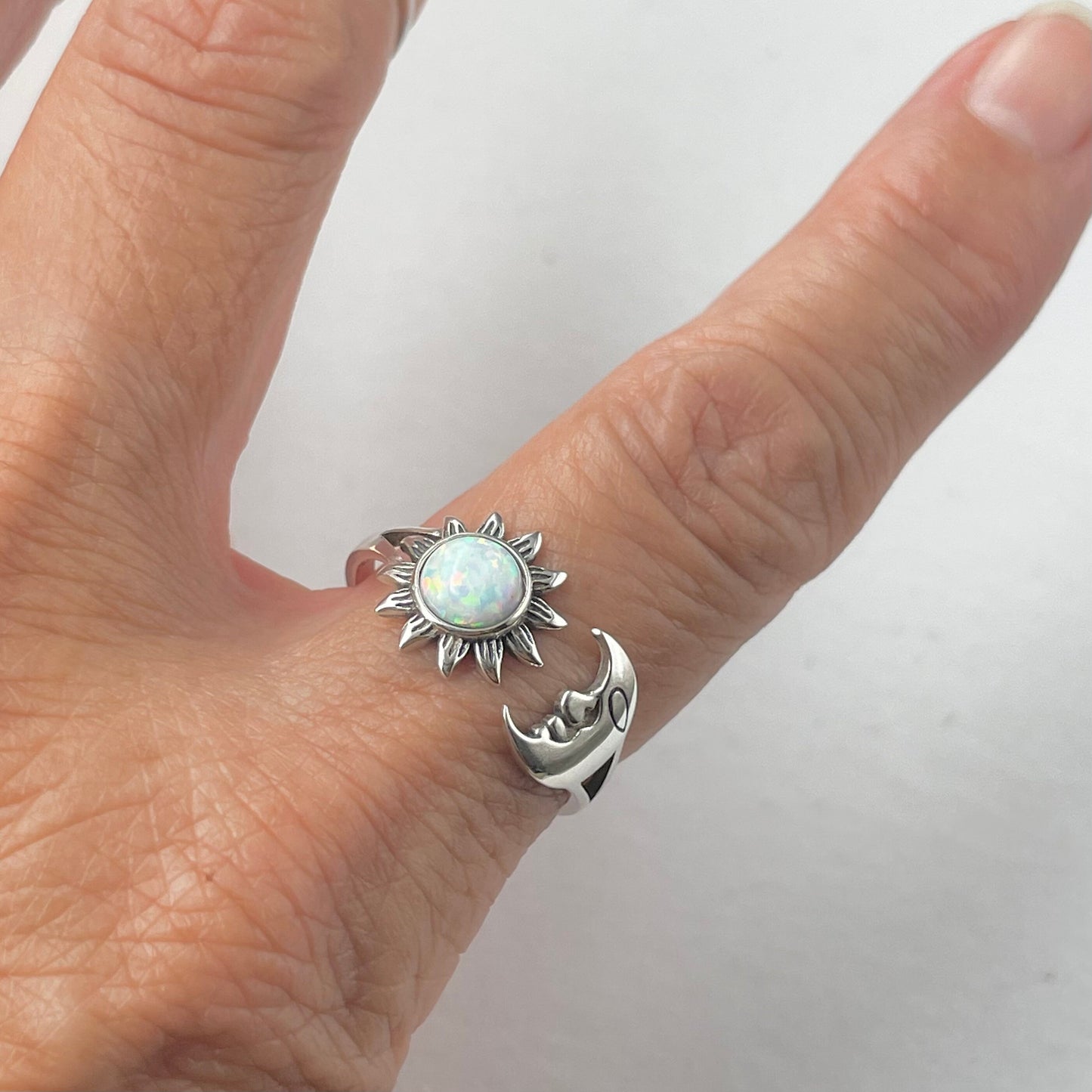 Sterling Silver Sun and Moon Ring: White Lab Opal Celestial Jewelry